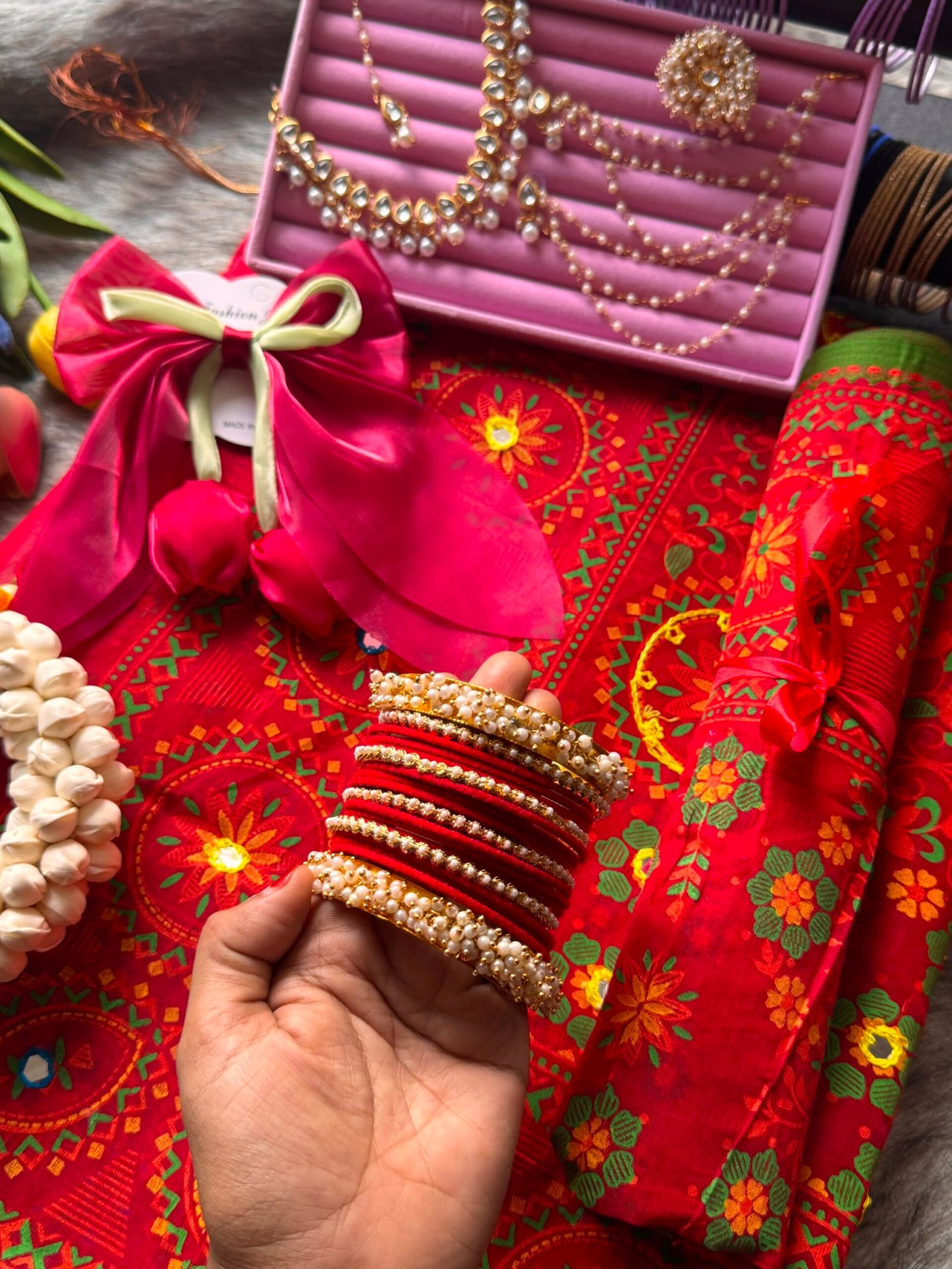Red & Green Cotton Saree Package ❤️💚 - Image 2