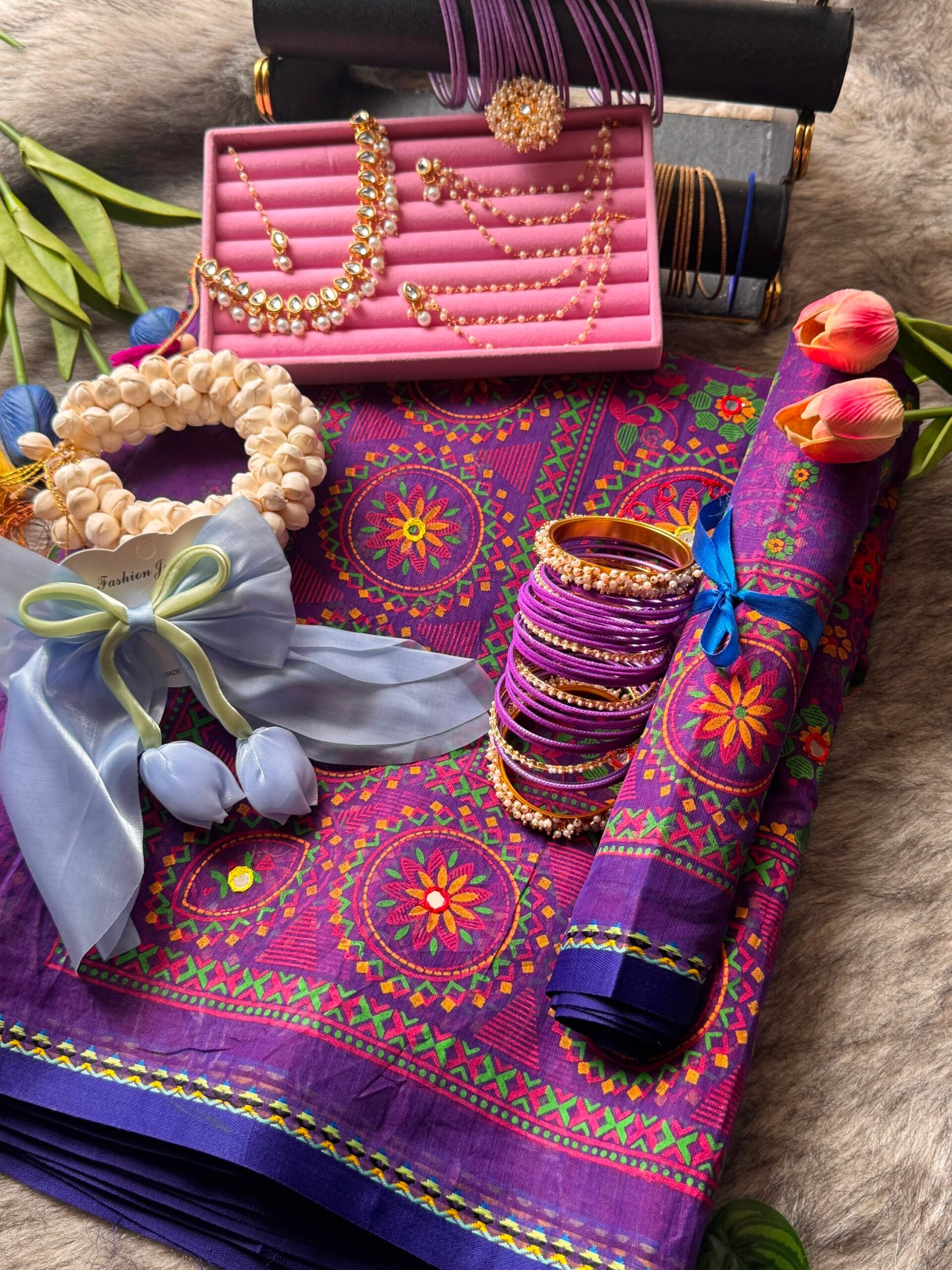 Purple & Blue Cotton Saree Package đđ