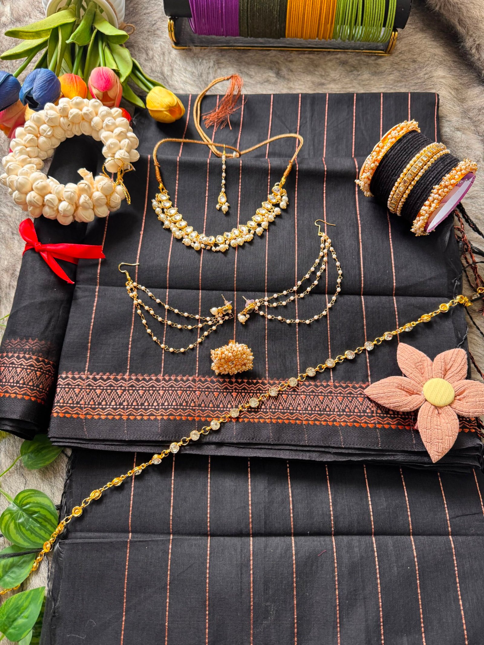 Cotton Black Golden combination saree