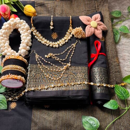 Cotton Black  Golden
combination saree