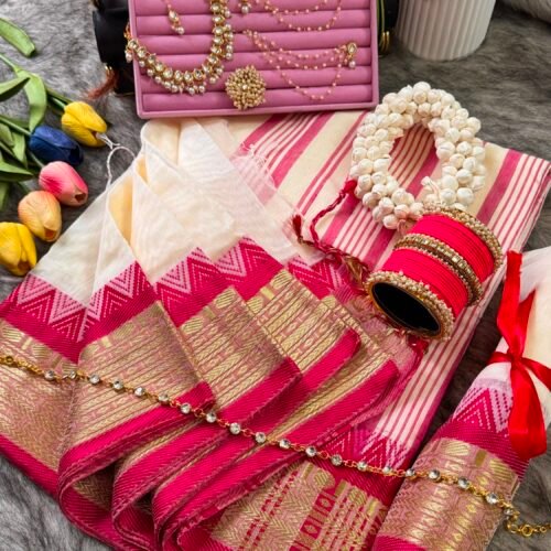 Cotton White Pink combination saree combo