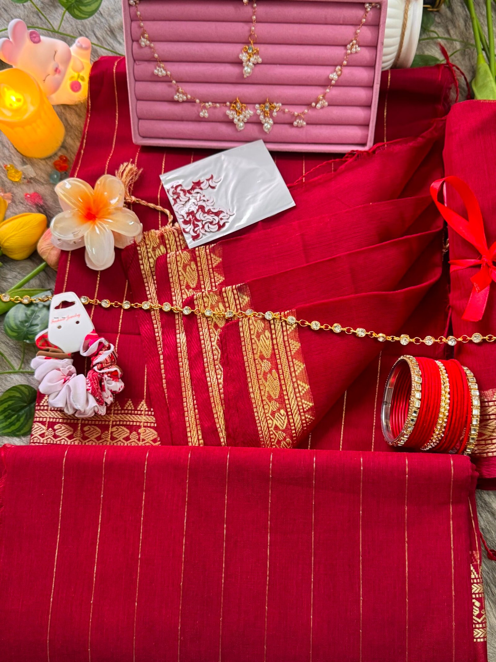 Cotton Red saree combo