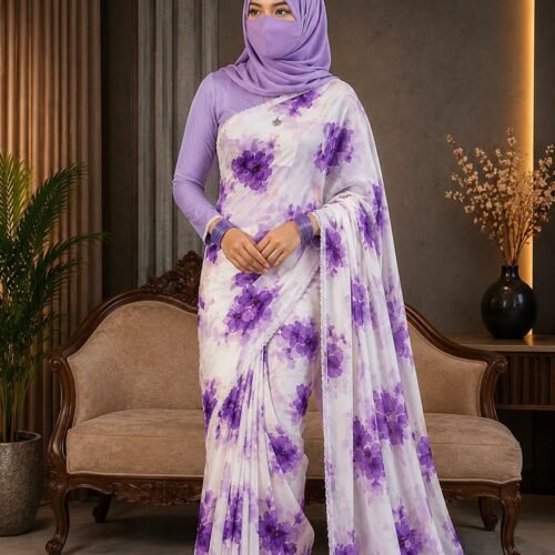 Sifon Georgette saree purple white combination