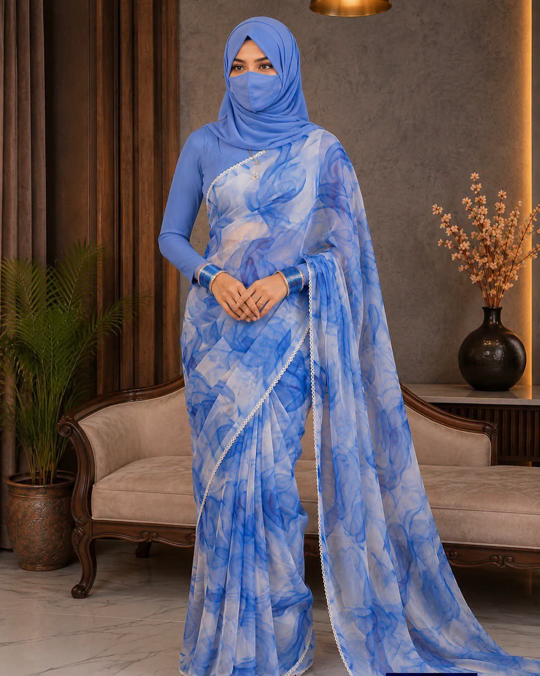 Sifon Georgette Saree Blue white