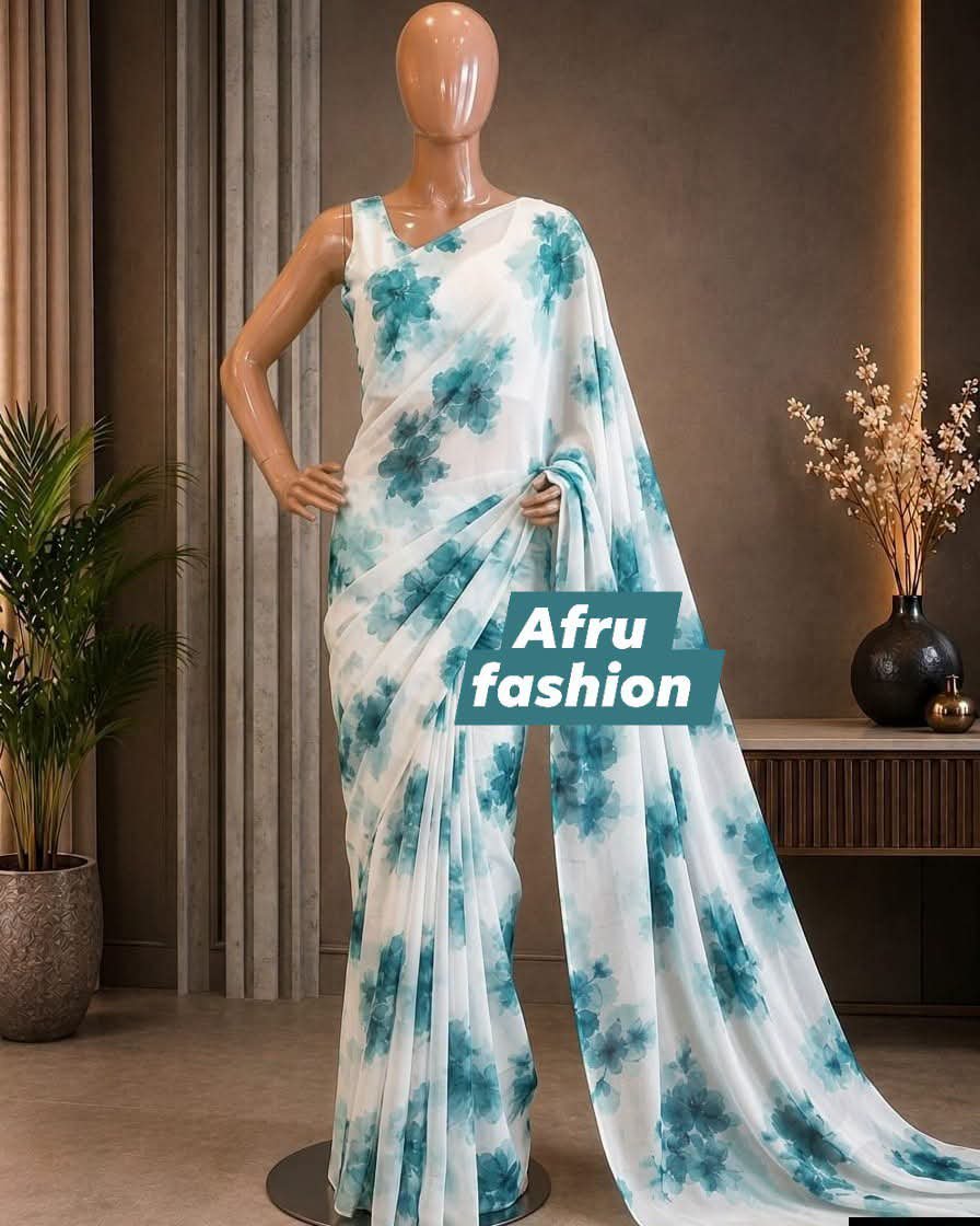 Sifon Georgette saree White Blue