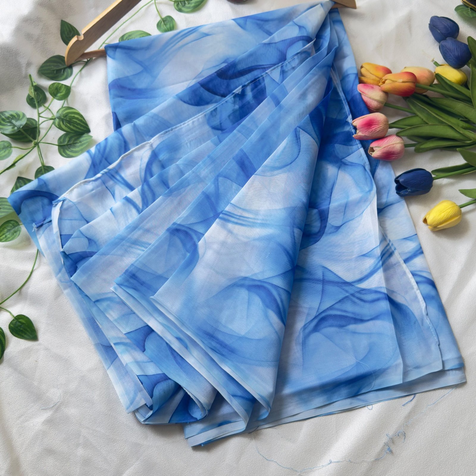 Sifon Georgette Saree Blue white - Image 2