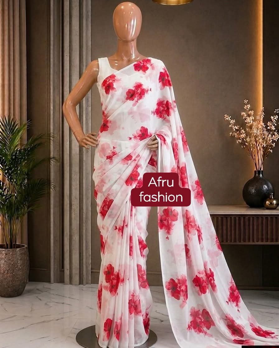 Sifon Georgette saree Red combination