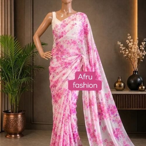 Sifon Georgette saree Pink white