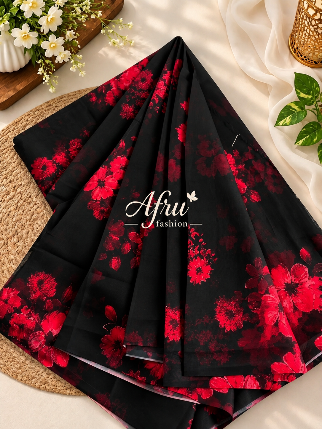 Sifon Georgette Saree Red black - Image 2