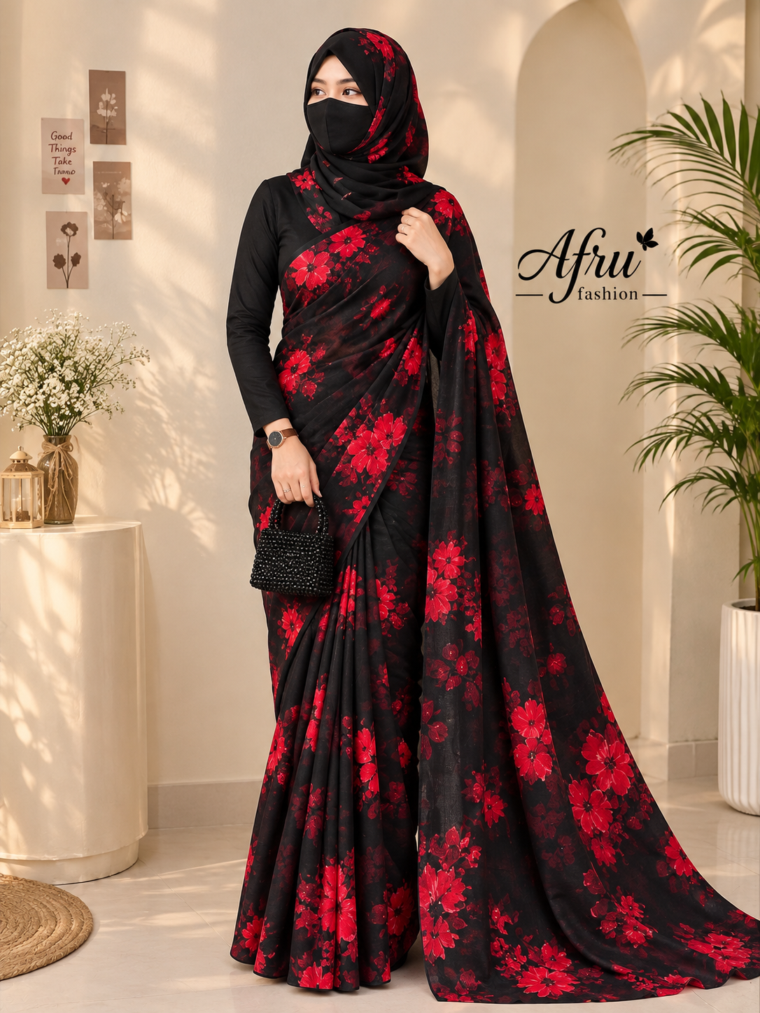 Sifon Georgette Saree Red black