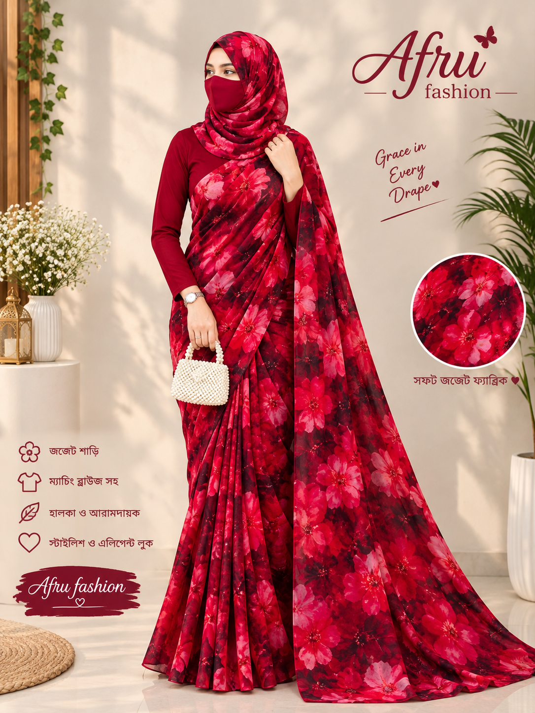 Sifon Georgette saree Red black combination