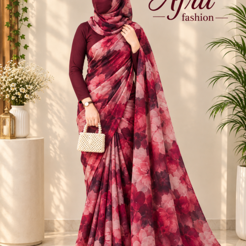 Sifon Georgette saree Red Pink black combination