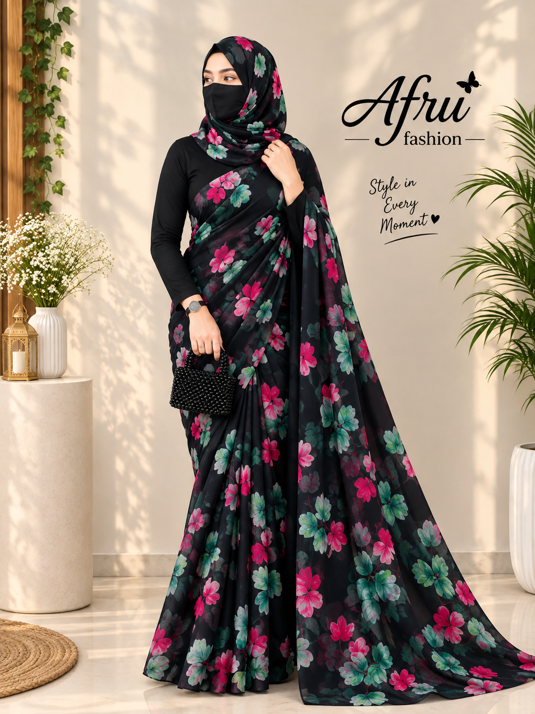 Sifon Georgette Saree Black Green Pink combination - Image 2