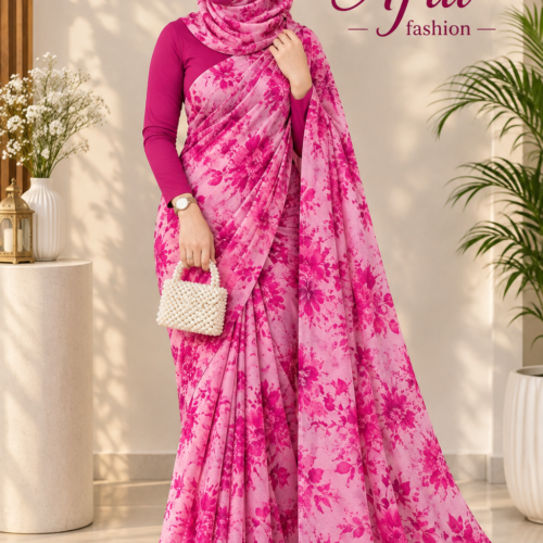Sifon Georgette saree Pink white