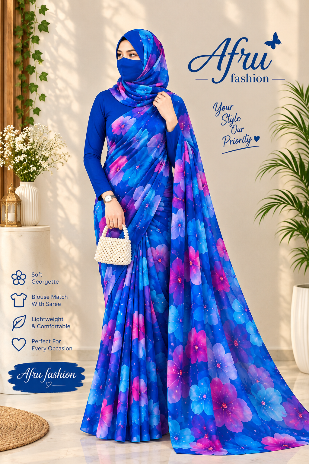 Sifon Georgette Saree Blue Pink and purple combination - Image 2