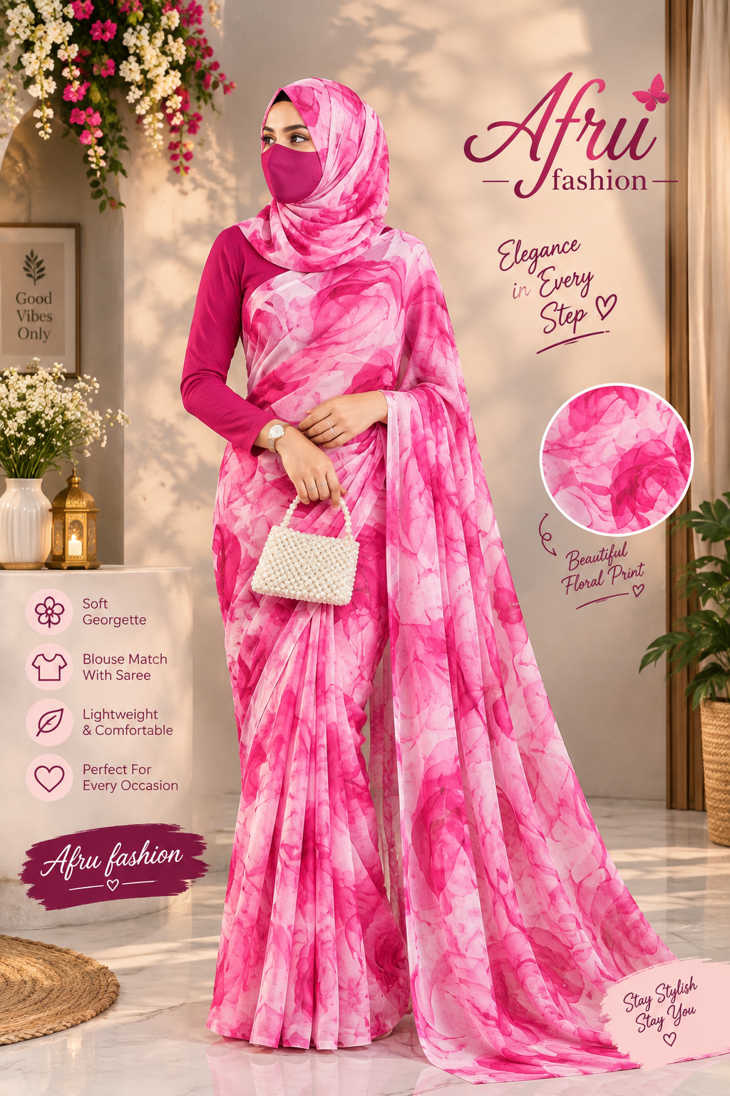 Sifon Georgette saree Pink white