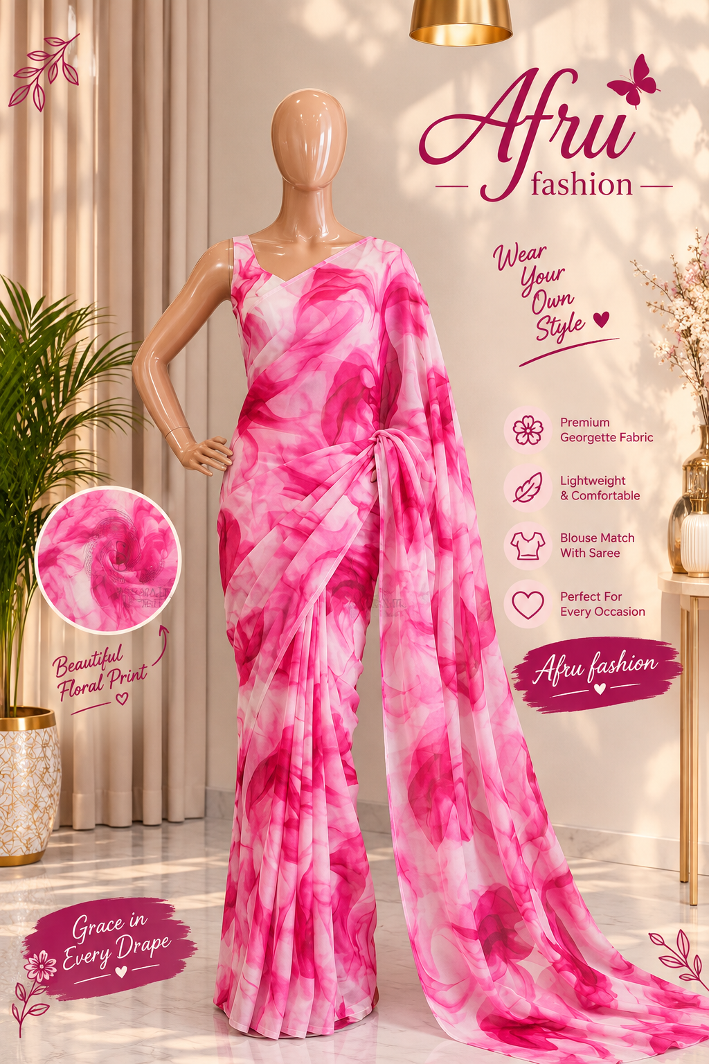 Sifon Georgette saree Pink white - Image 2