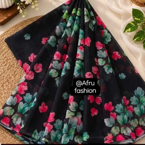 Sifon Georgette Saree Black Green Pink  combination