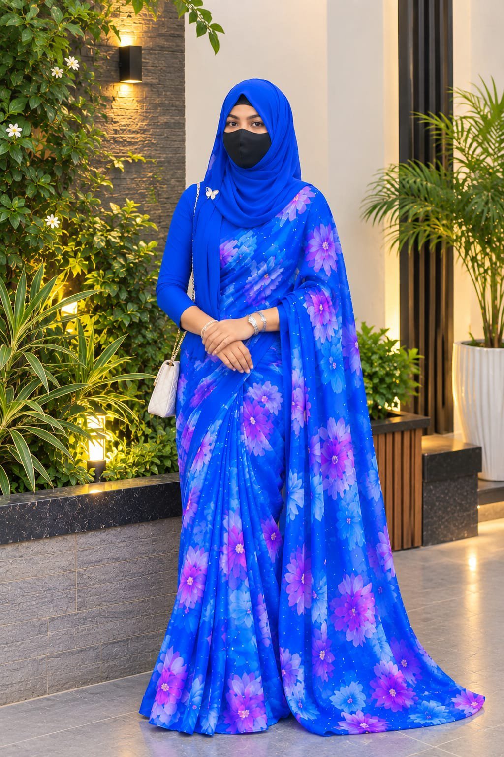 Sifon Georgette Saree Blue Pink and purple combination - Image 3