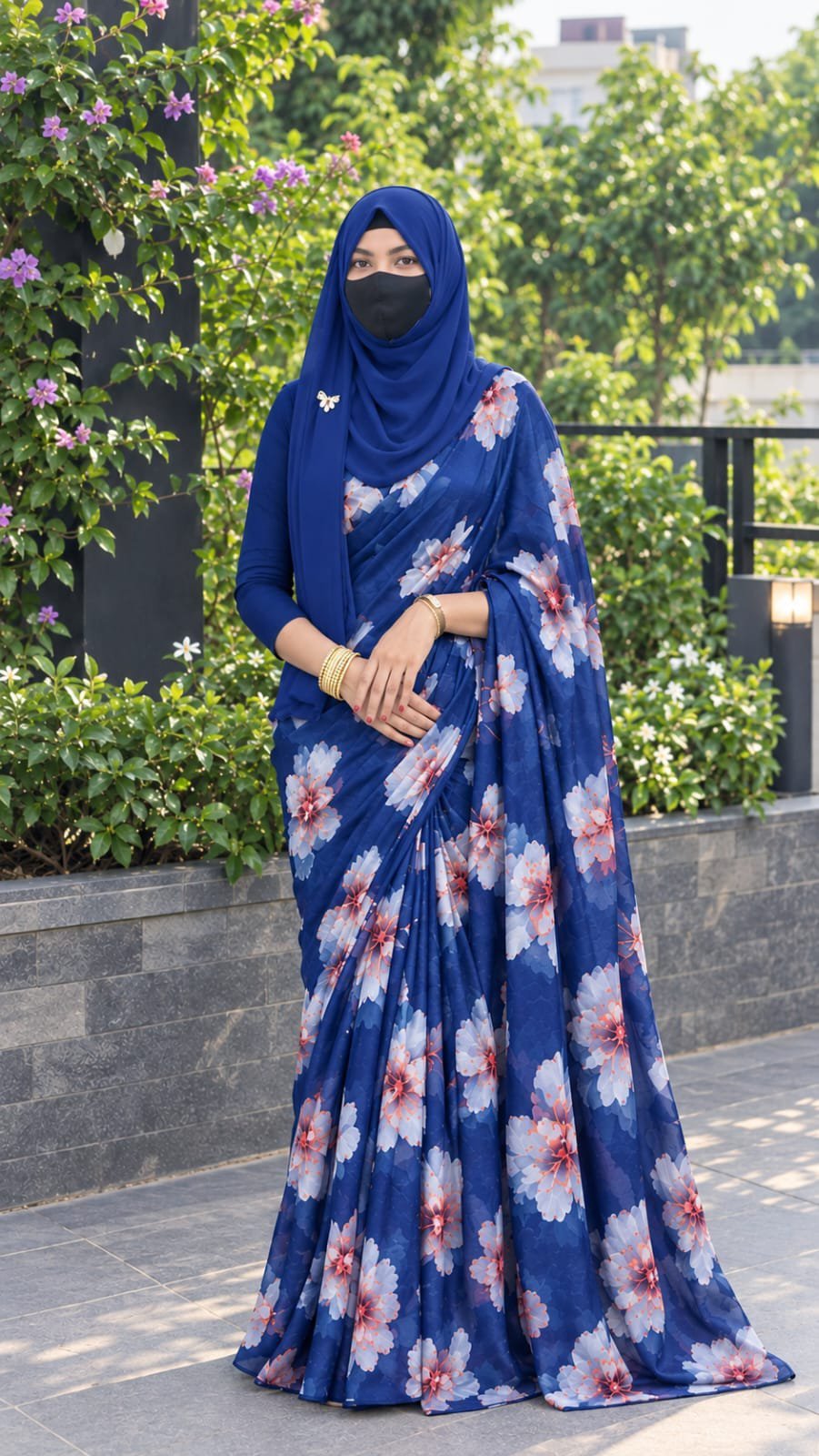 Sifon Georgette Saree Blue white - Image 3