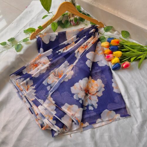 Sifon Georgette Saree Blue white