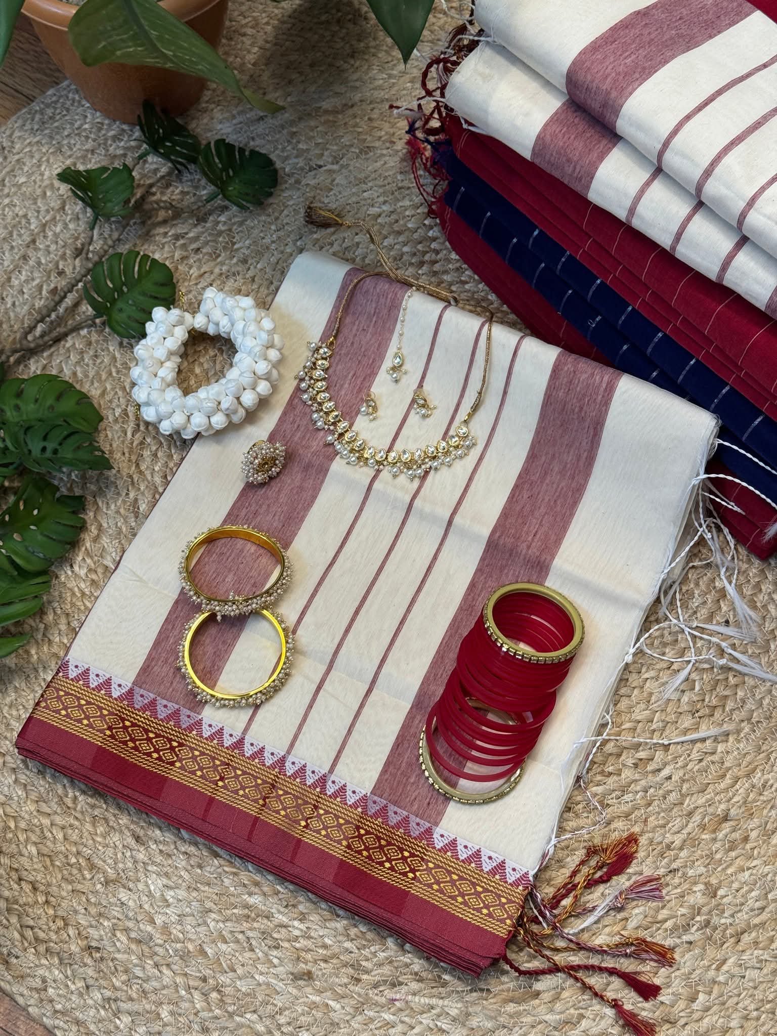 cotton White Red saree