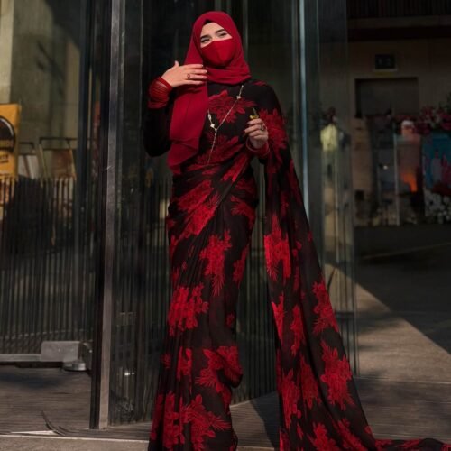 Sifon Georgette Saree Red black