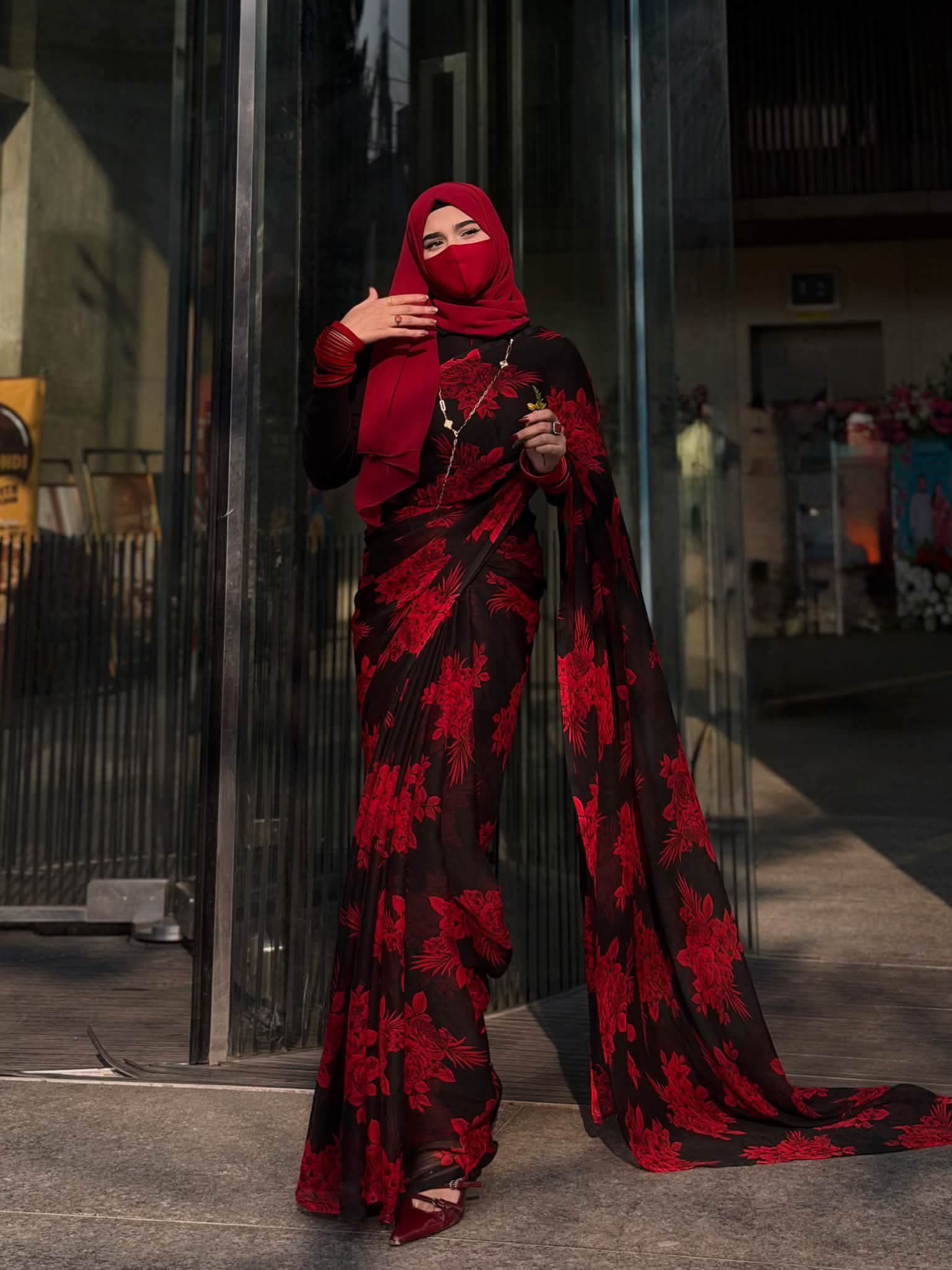 Sifon Georgette Saree Red black